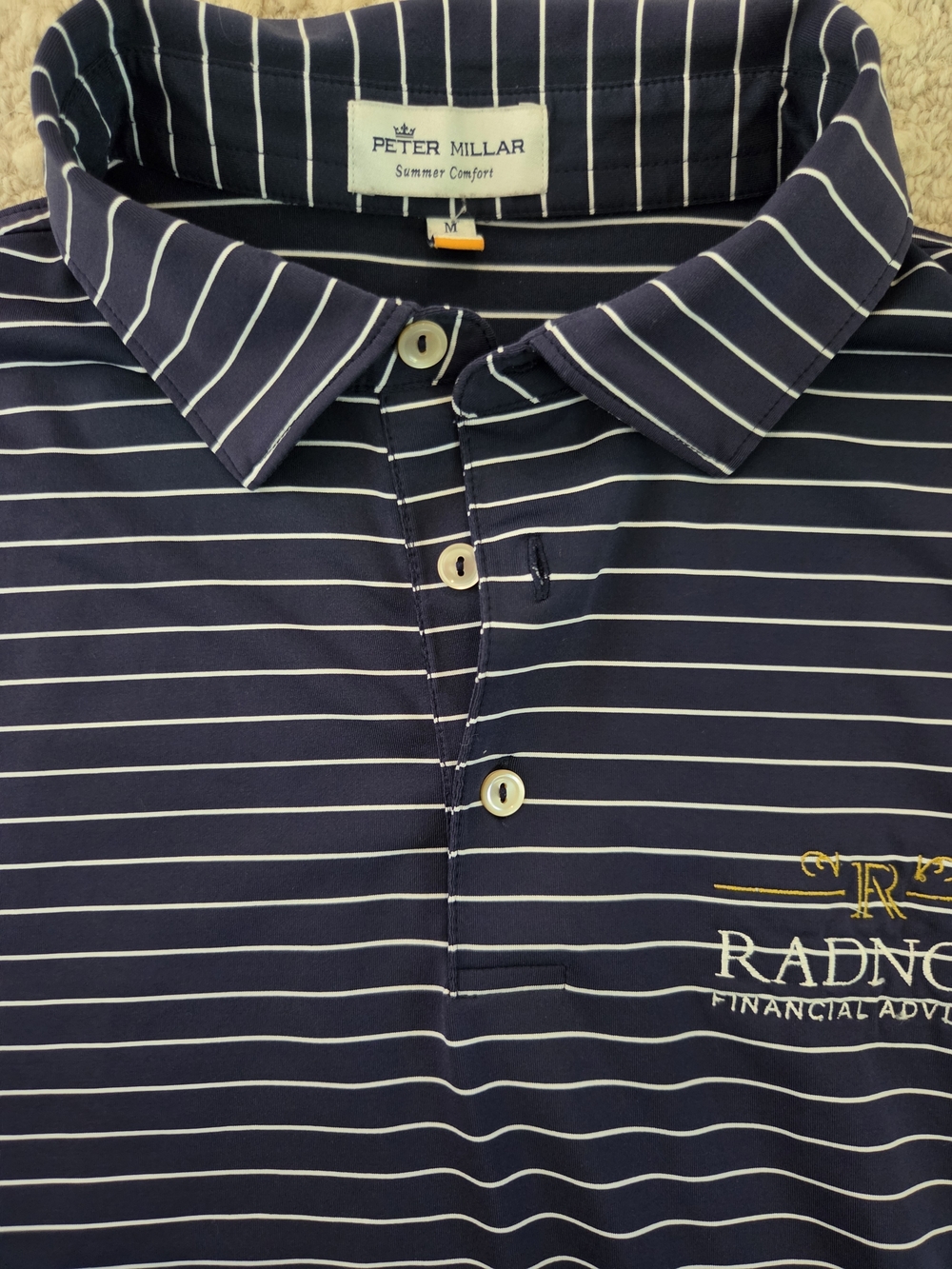 Peter Millar Navy and White Striped Polo with Embroidered Logo